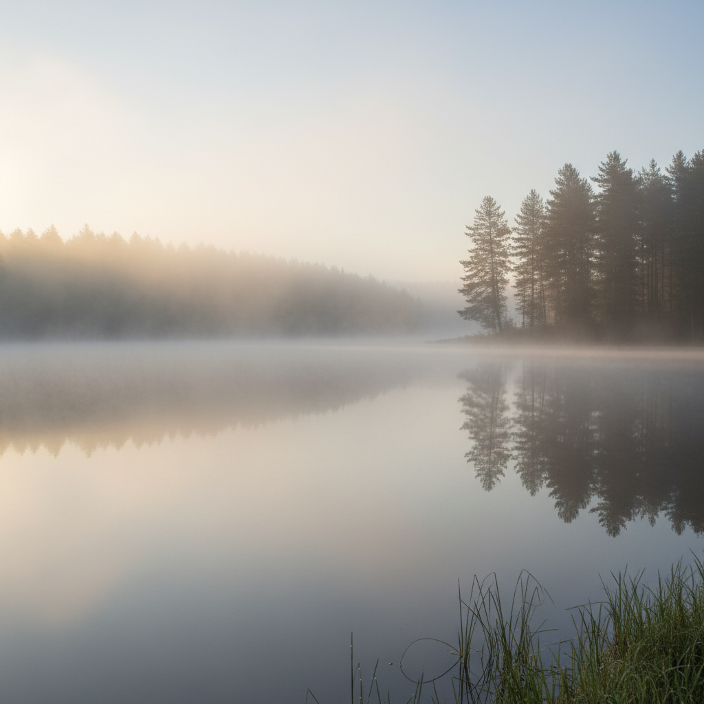 En lugn sjö med dimma på morgonen, symboliserande stillhet och inre frid.