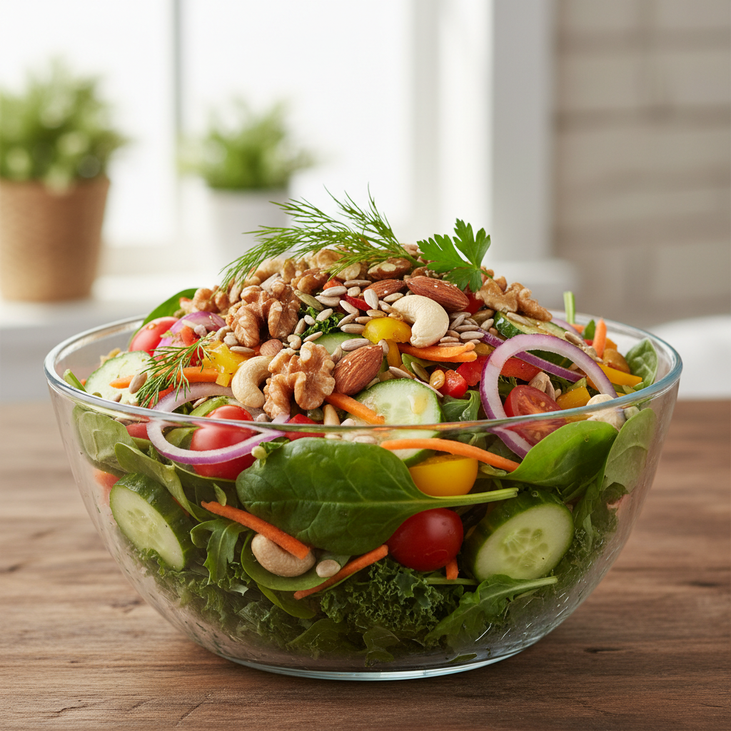 En välfylld sallad med grönsaker och nötter